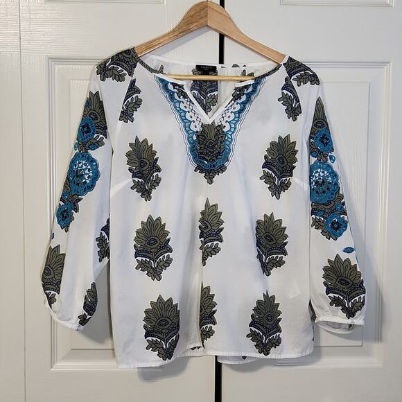 Talbots Women's White Floral Top Size LP Embroidered Lace Puff Sleeve Boho - Picture 1 of 9